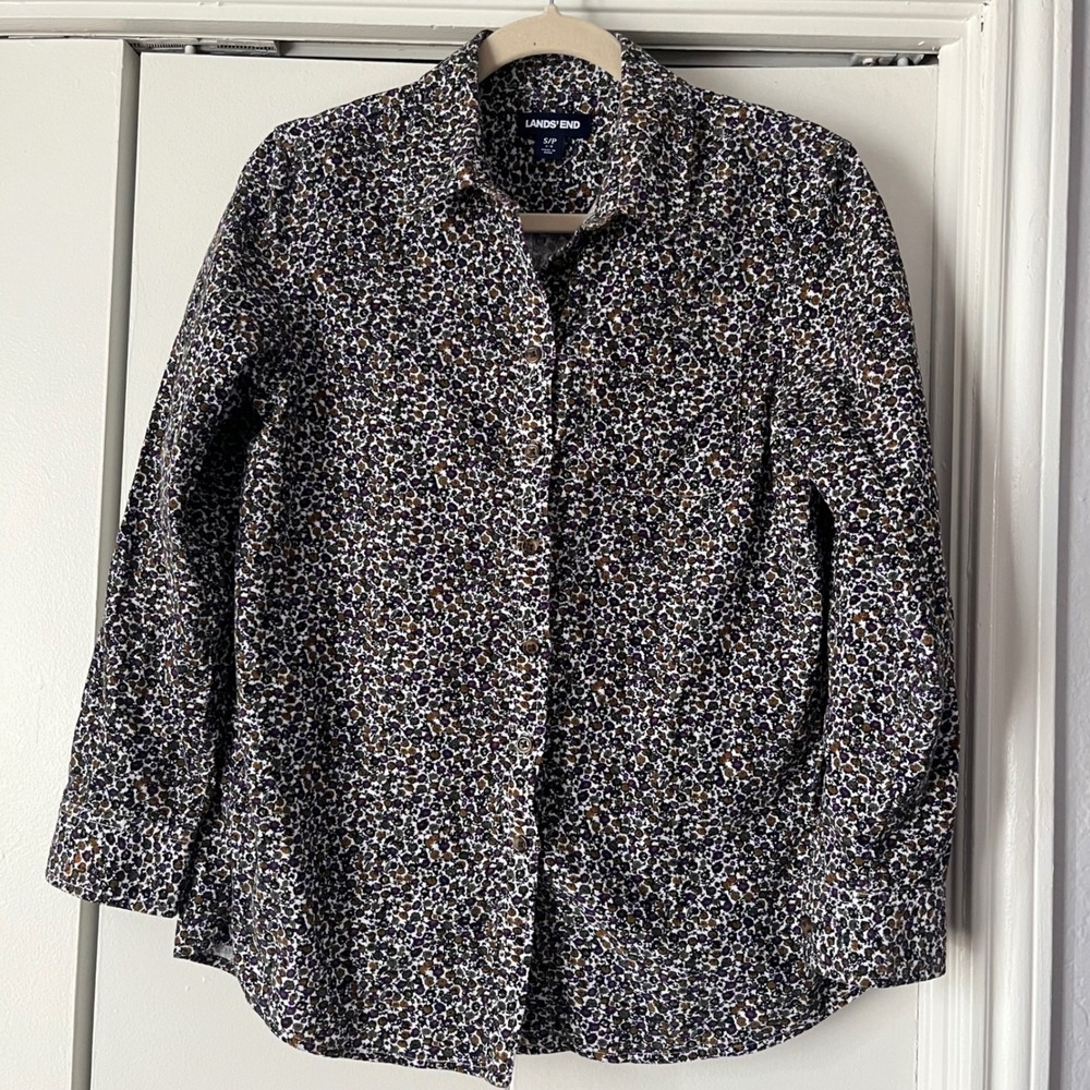 Lands End Womens Small Corduroy Button Down Shirt Ditsy Floral Purple Mustard S